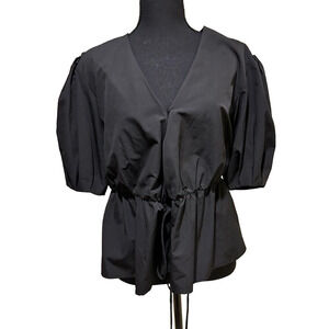 REBECCA MINKOFF BLACK V NECK SHORT SLEEVE BLOUSE WITH TIE DETAIL